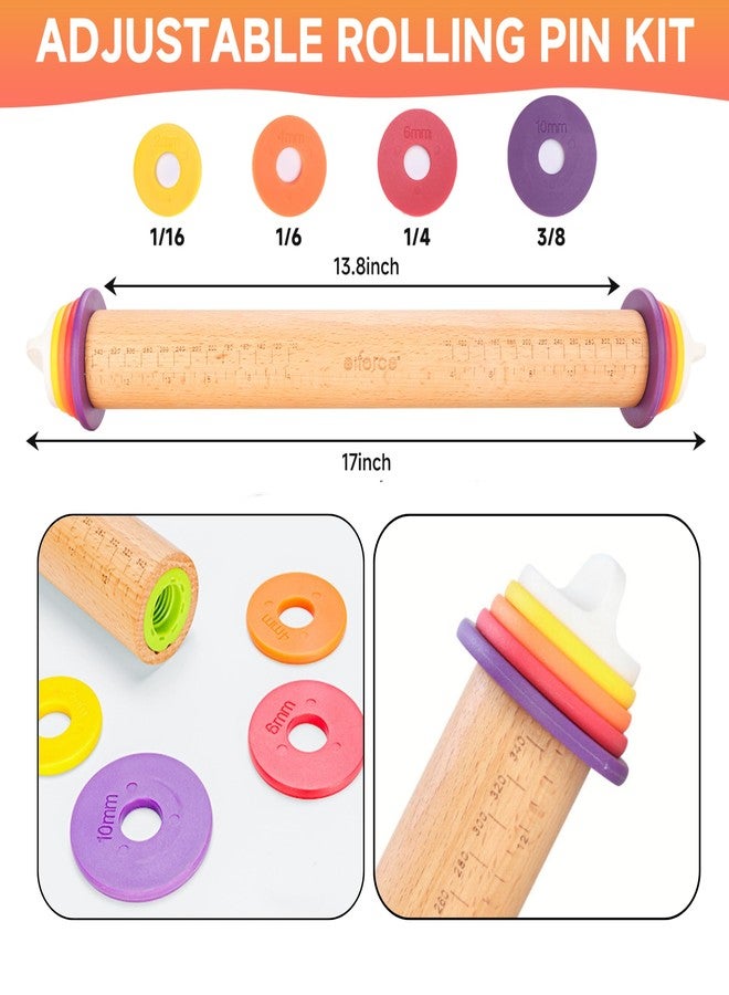 Olforce Adjustable Rolling Pin with Thickness Rings for Baking, 13.6" with 4 Multicolored Thickness Ring, Wood Dough Roller for Baking Fondant, Pizza, Cookie, Bread, Pie Crusts - Image 2