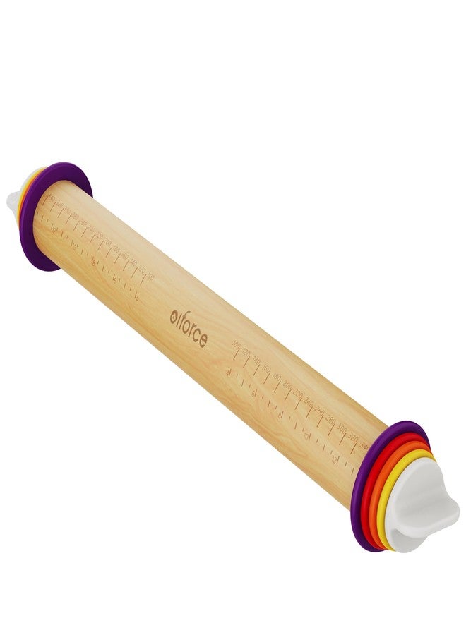 Olforce Adjustable Rolling Pin with Thickness Rings for Baking, 13.6" with 4 Multicolored Thickness Ring, Wood Dough Roller for Baking Fondant, Pizza, Cookie, Bread, Pie Crusts - Image 1