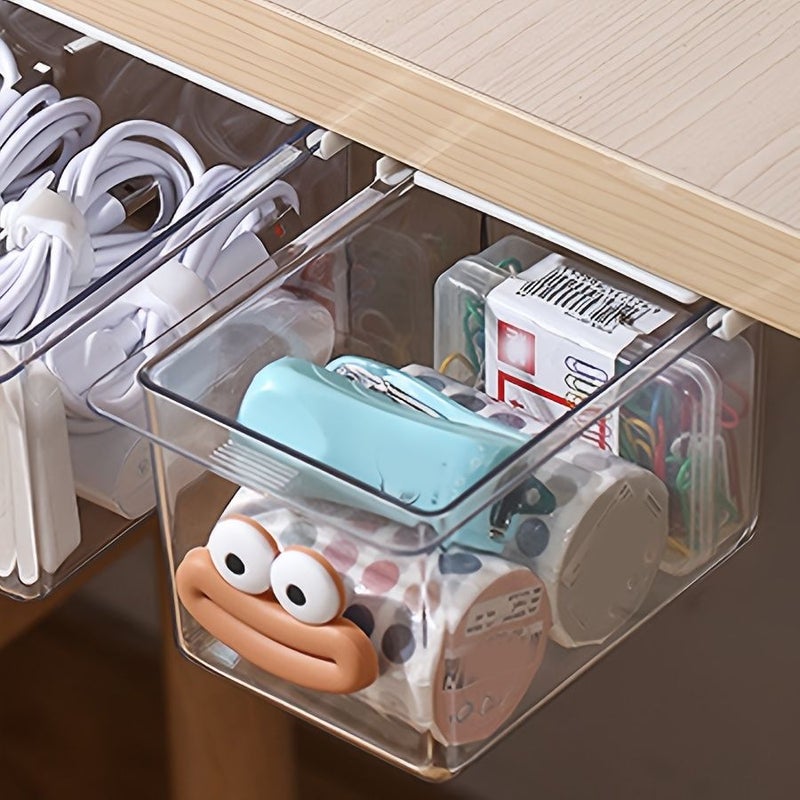 White 2 Piece Set Mini Drawer Box Under Desk Organizer Wall Mounted Adhesive Storage Holder For Paper Clips Pins Tape Multifunctional Plastic Back To School Supplies Desk Accessories For Home Organization - Image 1
