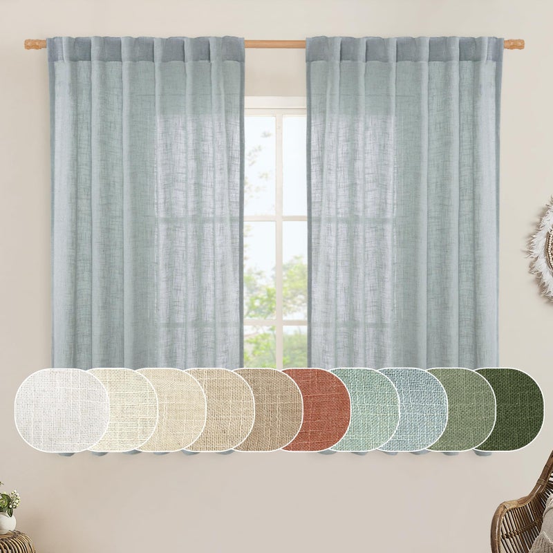 LAMIT Greyish Blue Linen Curtains 45 Inches Long for Bedroom, Light Filtering Panels Back Tab and Rod Pocket Neutral Drapes for Kitchen/Window/Loft Room, 52 x 45 Inch, 2 Panels - Image 1