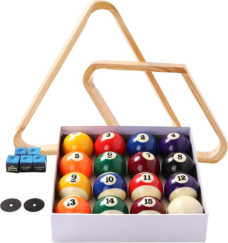 BETTERLINE Billiard Balls Set, Pool Table Triangle Ball Rack and 9-Ball Diamond Rack (Wood), 5 Cue Chalks and 2 Table Spot Stickers - Pool Table Accessories - Image 1