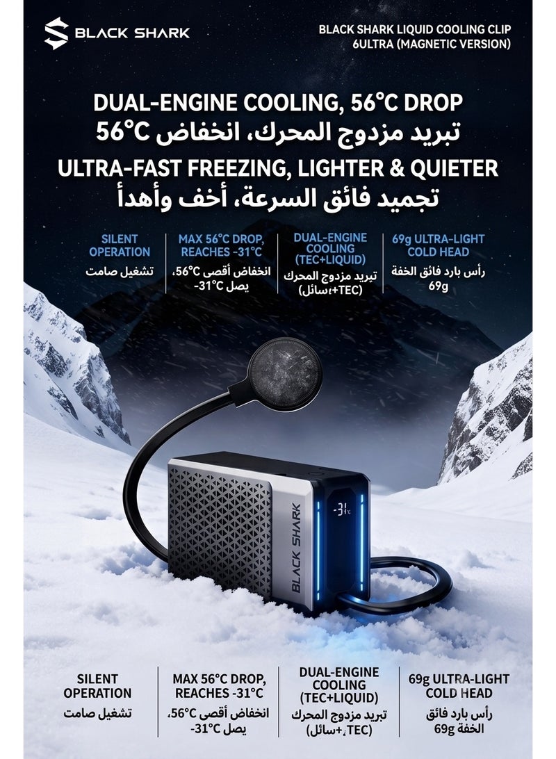 بلاك شارك مبرد بلاك شارك 6 ألترا المائي 48 واط للهواتف والتابلت – انخفاض حرارة يصل إلى - 56 درجة مئوية، مبرد ألعاب مغناطيسي احترافي بتقنية التبريد السائل مع رادياتير خارجي ومضخة مياه عالية السرعة وتقنية TEC شبه الموصلة – تثبيت مغناطيسي قوي مع صفيحة مغناطيسية – متوافق مع آيفون، آيباد، ريد ماجيك، سامسونج وأجهزة أندرويد (مثالي لببجي موبايل وكول أوف ديوتي والألعاب - Image 2