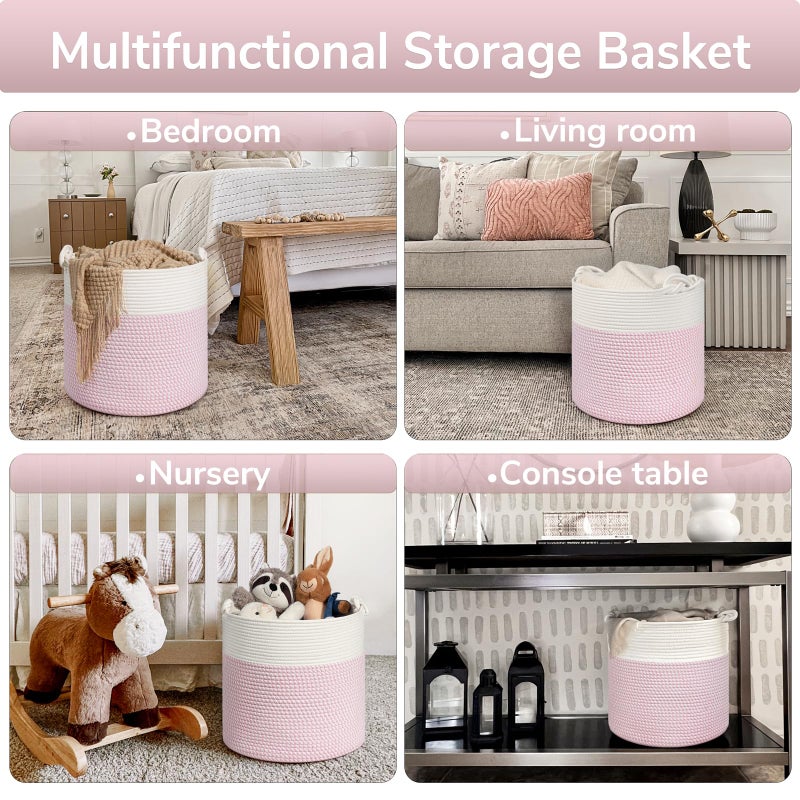 Goodpick Baby Storage Basket, Pink Laundry Basket 15 x 14.2 Inches, Toy Basket for Clothes, Nursery Basket for Toys, Soft Woven Basket for Storage, Pink - Image 3