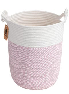 Goodpick Goodpick Cotton Rope Basket with Handle for Baby Laundry Basket Toy Storage Blanket Storage Nursery Basket Soft Storage Bins Baby Gift Basket Woven Basket, 15'' × 15'' × 14.2'', Pink  - Image 1