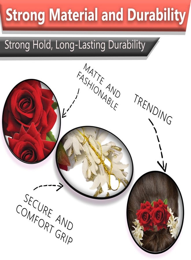 TEMPERIA Hair Accessories For Women's & Girls - Stylish Red Rose & White Artificial Flowers Bun Juda Bridal Brooch & Braid For Hairstyle & Decoration - Pins & Clips For Style Of Bride, Wedding & Party - Image 3
