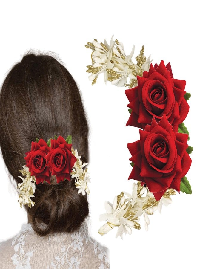 TEMPERIA Hair Accessories For Women's & Girls - Stylish Red Rose & White Artificial Flowers Bun Juda Bridal Brooch & Braid For Hairstyle & Decoration - Pins & Clips For Style Of Bride, Wedding & Party - Image 1
