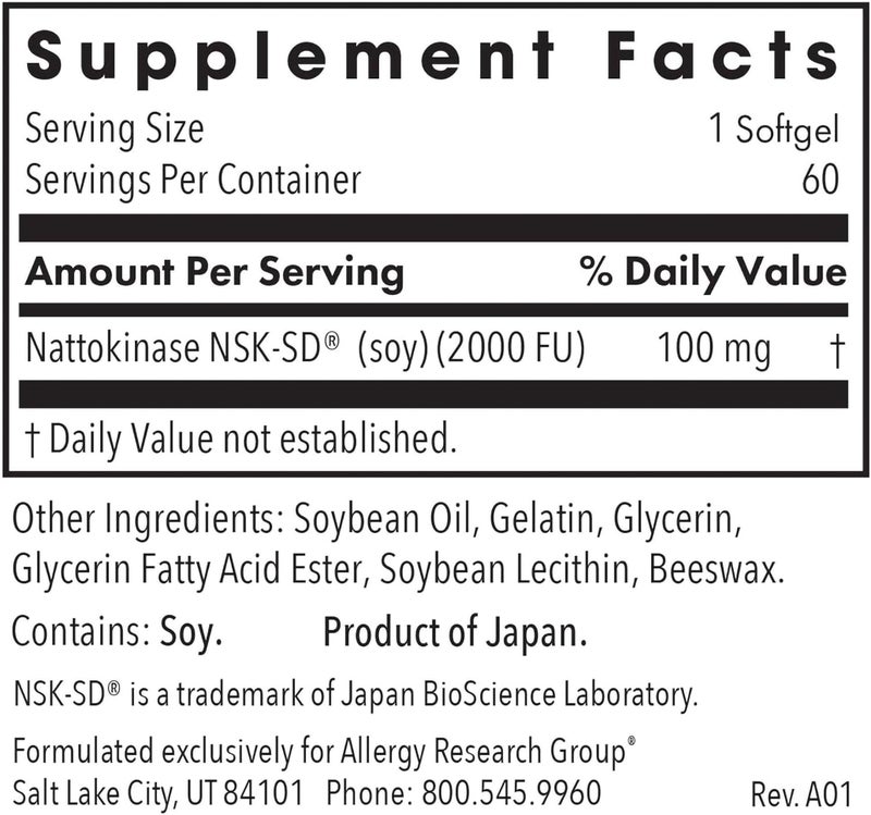 Allergy Research Group Nattokinase 2000 FU  100mg  Nattokinase Supplement for Women and Men Natural Enzyme Support for Heart and Blood Health  60 Softgels - Image 3