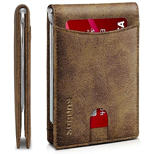 RUNBOX Slim Wallet for Men Genuine Leather RFID Blocking Bifold Minimalist Front Pocket Mens Wallet with Money Clip Thin Gift Box - Image 1