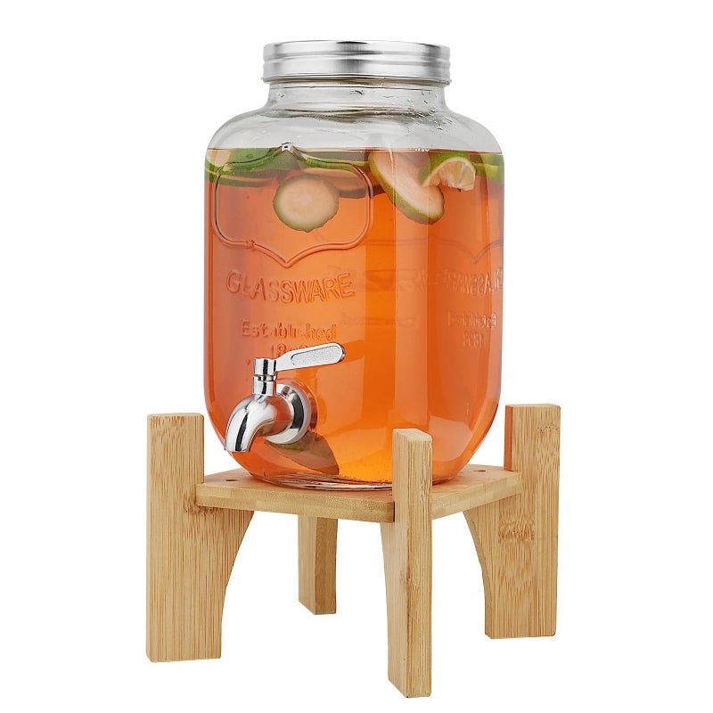 Hiziwimi 4L Glass Beverage Dispenser with Tap Glass Drink Dispenser with Bamboo Stand Cover Wide Mouth Iced Drink Jar with Tap Iron Holder for Juice Water Homemade Tea Drinks