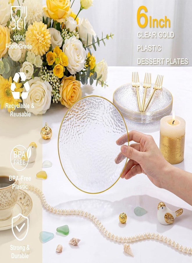 Rubtlamp 200 Pcs Clear Gold Dessert Plates with Forks, 6 inch Hammered Gold Small Disposable Plates, Fancy Appetizer Platos Include 100 Cake Plate,6 inch 100 gold Forks for Birthday, Wedding, Teatime - Image 4