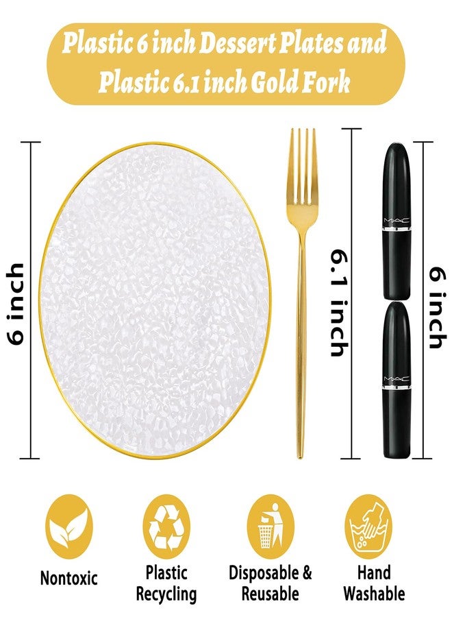 Rubtlamp 200 Pcs Clear Gold Dessert Plates with Forks, 6 inch Hammered Gold Small Disposable Plates, Fancy Appetizer Platos Include 100 Cake Plate,6 inch 100 gold Forks for Birthday, Wedding, Teatime - Image 2
