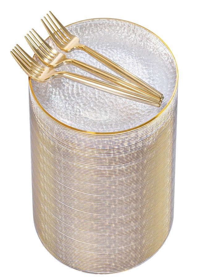 Rubtlamp 200 Pcs Clear Gold Dessert Plates with Forks, 6 inch Hammered Gold Small Disposable Plates, Fancy Appetizer Platos Include 100 Cake Plate,6 inch 100 gold Forks for Birthday, Wedding, Teatime - Image 1