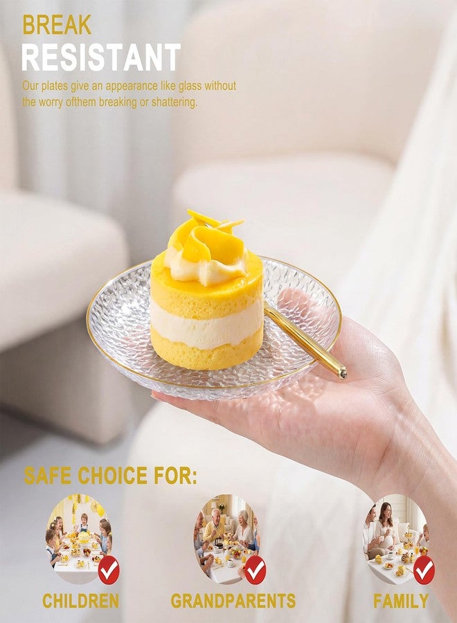 Rubtlamp 200 Pcs Clear Gold Dessert Plates with Forks, 6 inch Hammered Gold Small Disposable Plates, Fancy Appetizer Platos Include 100 Cake Plate,6 inch 100 gold Forks for Birthday, Wedding, Teatime - Image 3