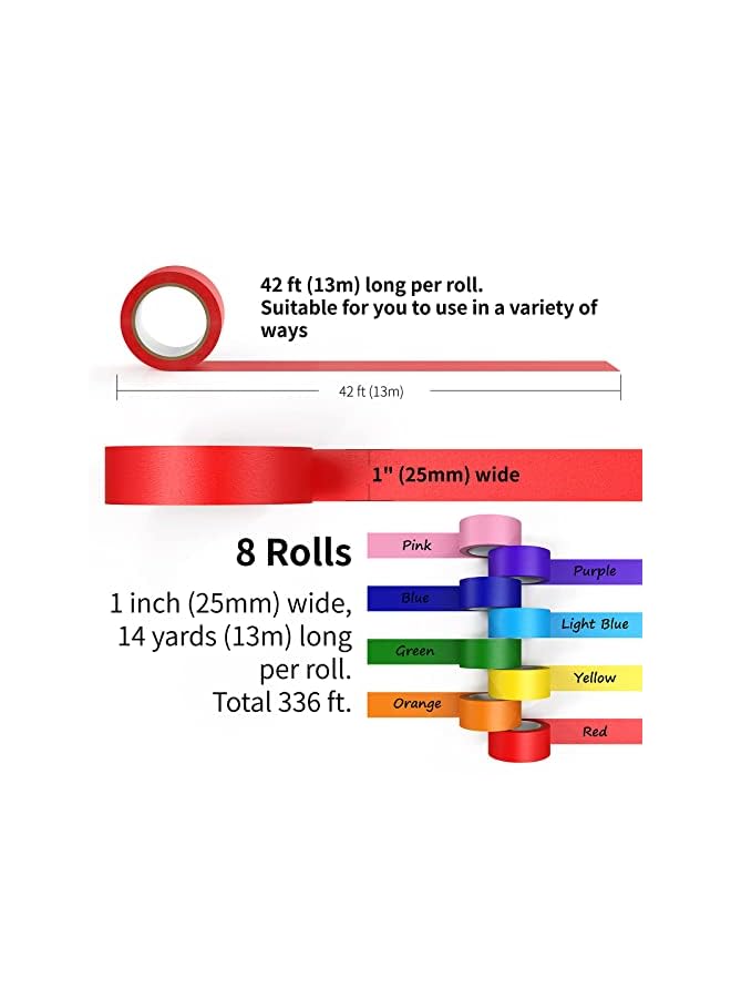 KASTWAVE Colored Masking Tape 8 Rolls Color Masking Tape Craft Tape Painter Tape Labeling Tape For Arts Crafts Diy Decorative Paper Tape For Kids 8 Color 2.5Cm * 104M - Image 2