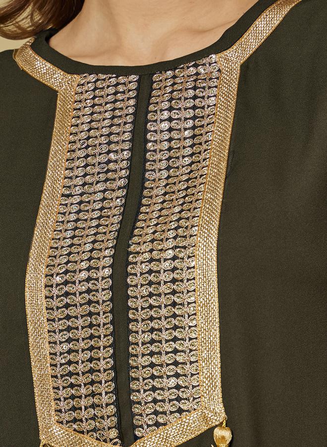 Styli Lace Insert Round Neck Jalabiya with Tassel Detail - Image 3