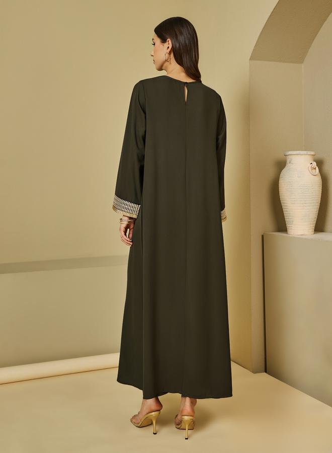 Styli Lace Insert Round Neck Jalabiya with Tassel Detail - Image 4