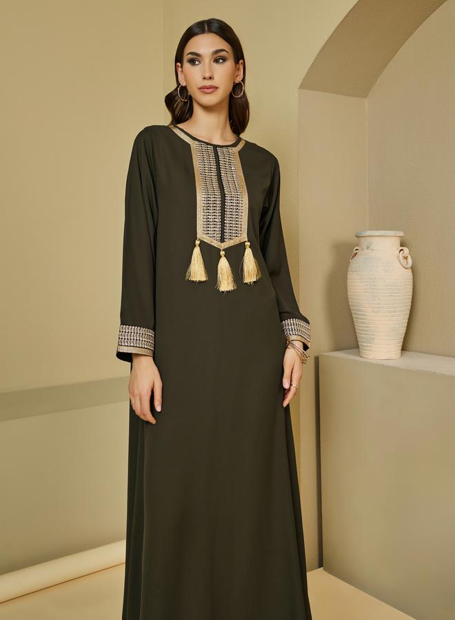 Styli Lace Insert Round Neck Jalabiya with Tassel Detail - Image 2