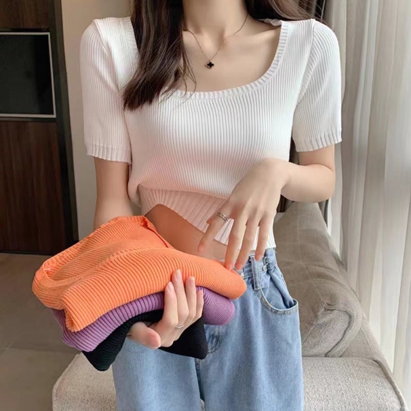 Ice Silk Short-Sleeved T-Shirt Women'S Summer Thin Simple Casual Fashion Square Neck Short Sweater Trendy - Image 2