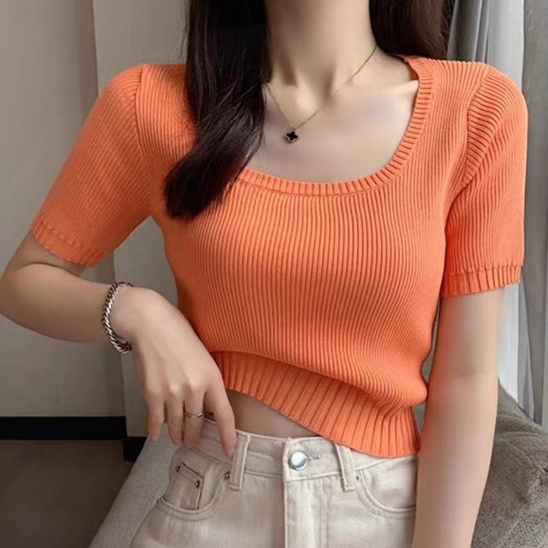 Ice Silk Short-Sleeved T-Shirt Women'S Summer Thin Simple Casual Fashion Square Neck Short Sweater Trendy - Image 3