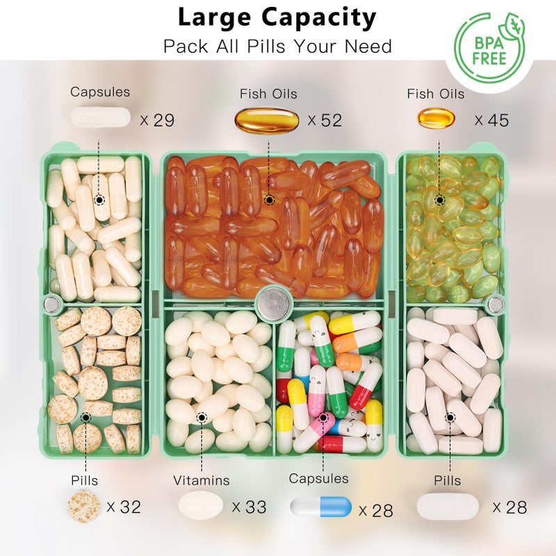 FYY Daily Pill Organizer,7 Compartments Portable Pill Case Travel Pill Organizer,[Folding Design] Pill Box for Purse Pocket to Hold Vitamins,Cod Liver Oil,Supplements and Medication-DarkGreen - Image 2