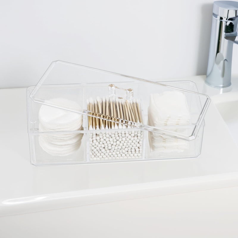 ZEXALOR Clear Bathroom Dresser Organizer - Cotton Ball Swab Holder with 3 Divided Compartments&Lid, , Waterproof Transparent Small Plastic Storage Containers, Vanity Makeup Organization - Image 2