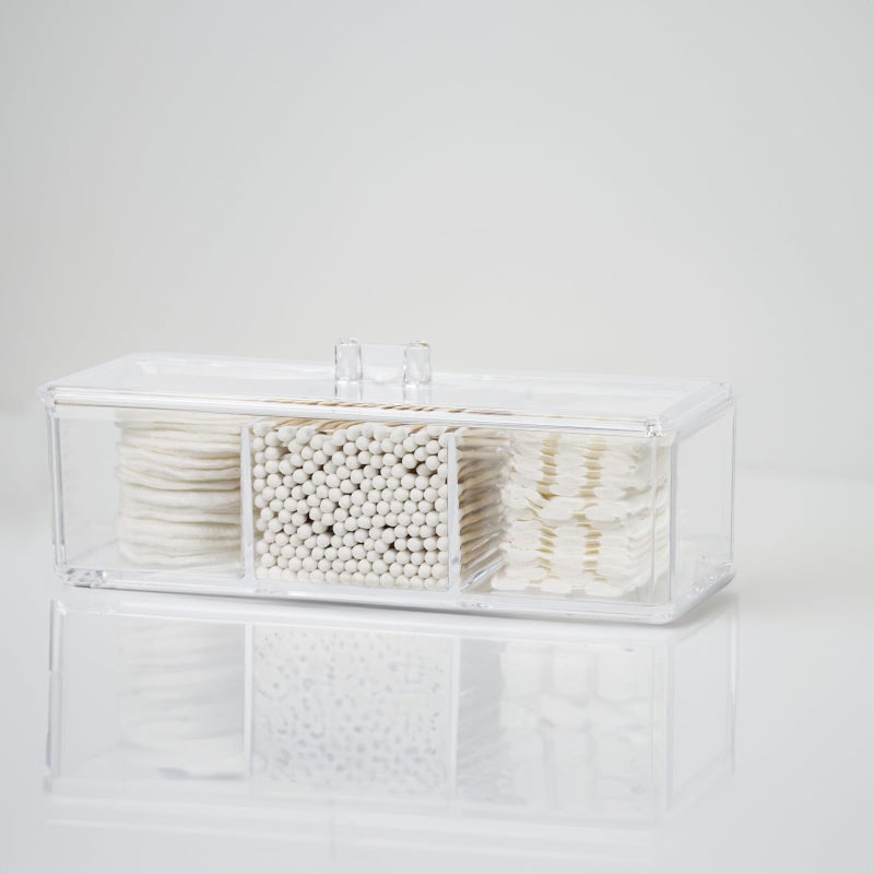 ZEXALOR Clear Bathroom Dresser Organizer - Cotton Ball Swab Holder with 3 Divided Compartments&Lid, , Waterproof Transparent Small Plastic Storage Containers, Vanity Makeup Organization - Image 5