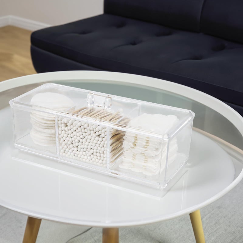 ZEXALOR Clear Bathroom Dresser Organizer - Cotton Ball Swab Holder with 3 Divided Compartments&Lid, , Waterproof Transparent Small Plastic Storage Containers, Vanity Makeup Organization - Image 4