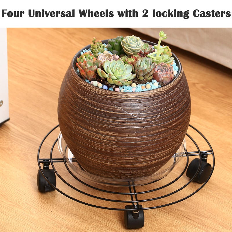 Planterhoma 3 Packs Large Metal Plant Caddy with Wheels 13.8 Inches Plant Dolly Heavy Duty Rolling Plant Stand with Casters for Indoor Outdoor Wheeled Planter Coasters Flower Pot Mover Rollers Black, Plastic Saucers Included - Image 4