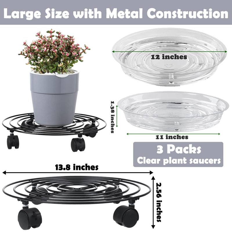 Planterhoma 3 Packs Large Metal Plant Caddy with Wheels 13.8 Inches Plant Dolly Heavy Duty Rolling Plant Stand with Casters for Indoor Outdoor Wheeled Planter Coasters Flower Pot Mover Rollers Black, Plastic Saucers Included - Image 3