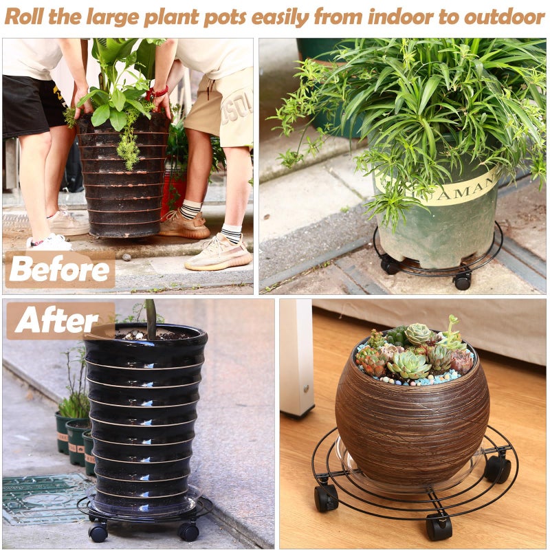 Planterhoma 3 Packs Large Metal Plant Caddy with Wheels 13.8 Inches Plant Dolly Heavy Duty Rolling Plant Stand with Casters for Indoor Outdoor Wheeled Planter Coasters Flower Pot Mover Rollers Black, Plastic Saucers Included - Image 5