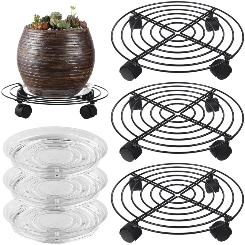 Planterhoma 3 Packs Large Metal Plant Caddy with Wheels 13.8 Inches Plant Dolly Heavy Duty Rolling Plant Stand with Casters for Indoor Outdoor Wheeled Planter Coasters Flower Pot Mover Rollers Black, Plastic Saucers Included - Image 1