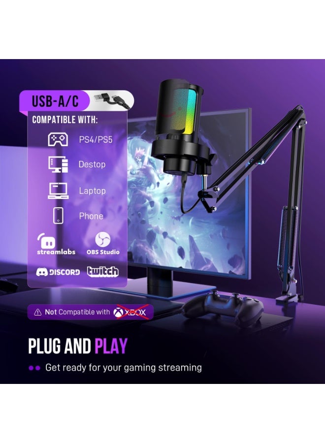 فيفين ميكروفون A8T للألعاب، يعمل بمنفذ USB، مزود بإضاءة RGB، وذراع معدني للبث المباشر، والبودكاست، والتسجيل، مع تحكم، وخاصية كتم الصوت باللمس، ومنفذ سماعة رأس، ومرشح صوت. - Image 3