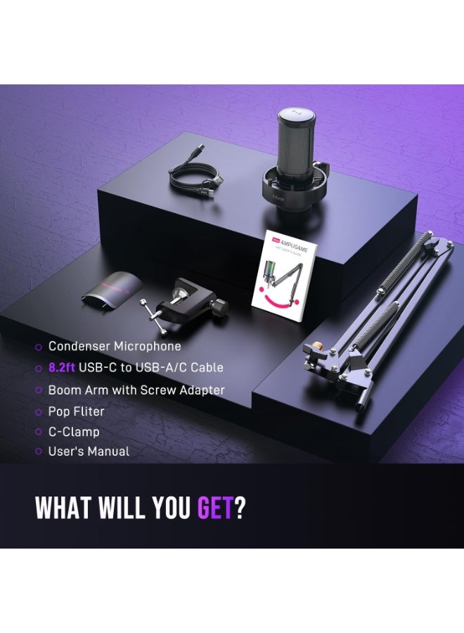 فيفين ميكروفون A8T للألعاب، يعمل بمنفذ USB، مزود بإضاءة RGB، وذراع معدني للبث المباشر، والبودكاست، والتسجيل، مع تحكم، وخاصية كتم الصوت باللمس، ومنفذ سماعة رأس، ومرشح صوت. - Image 5