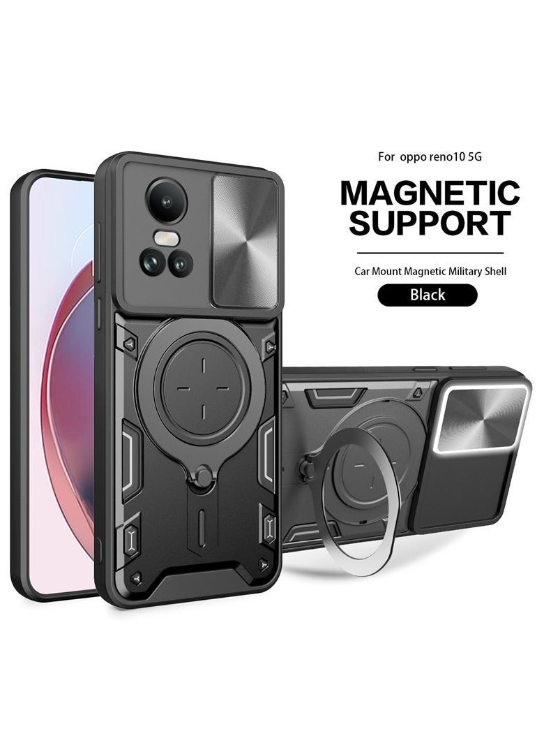 TEAM LUXURY OPPO Reno 10 5G / Reno 10 Pro 5G Black Mobile Phone Case Cover, Slide Camera Lens Cover, 360°Rotating Kickstand Ring, Bumper Shockproof Phone Case，Compatible with Car Magnetic Mount  - Image 1