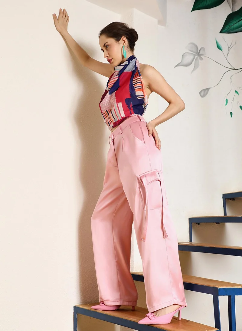 PINACOLADA  Women's Blush Pink Boxy Satin Cargo Pants for Women | Best Price UAE