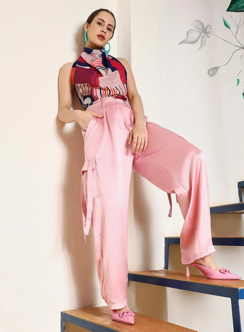 PINACOLADA  Women's Blush Pink Boxy Satin Cargo Pants for Women | Best Price UAE