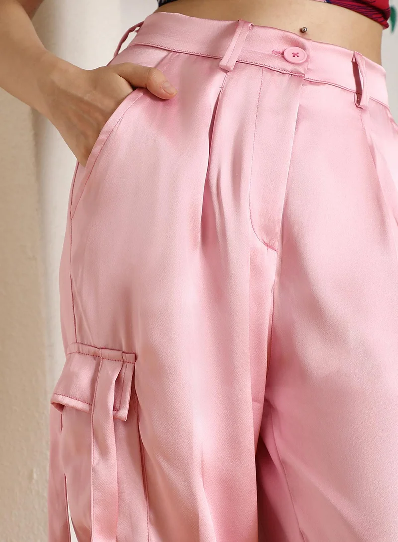 PINACOLADA  Women's Blush Pink Boxy Satin Cargo Pants for Women | Best Price UAE