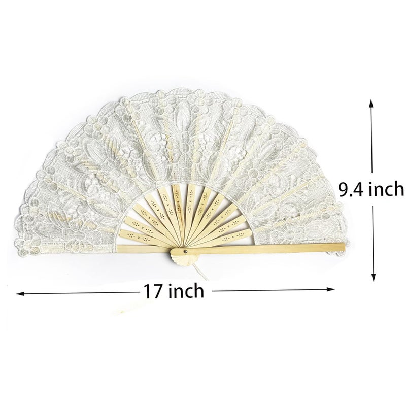 Happy Feather Lace Fan with Folding Handheld, Embroidered Flowers Pattern Hand Fans for Wedding Bridal Tea Dancing Party -Beige - Image 2