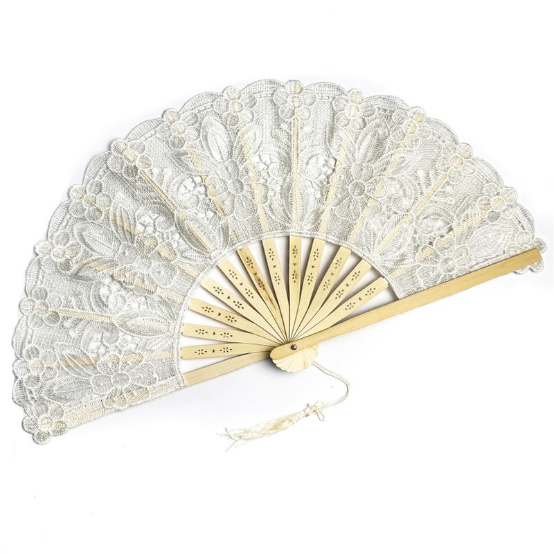 Happy Feather Lace Fan with Folding Handheld, Embroidered Flowers Pattern Hand Fans for Wedding Bridal Tea Dancing Party -Beige - Image 4