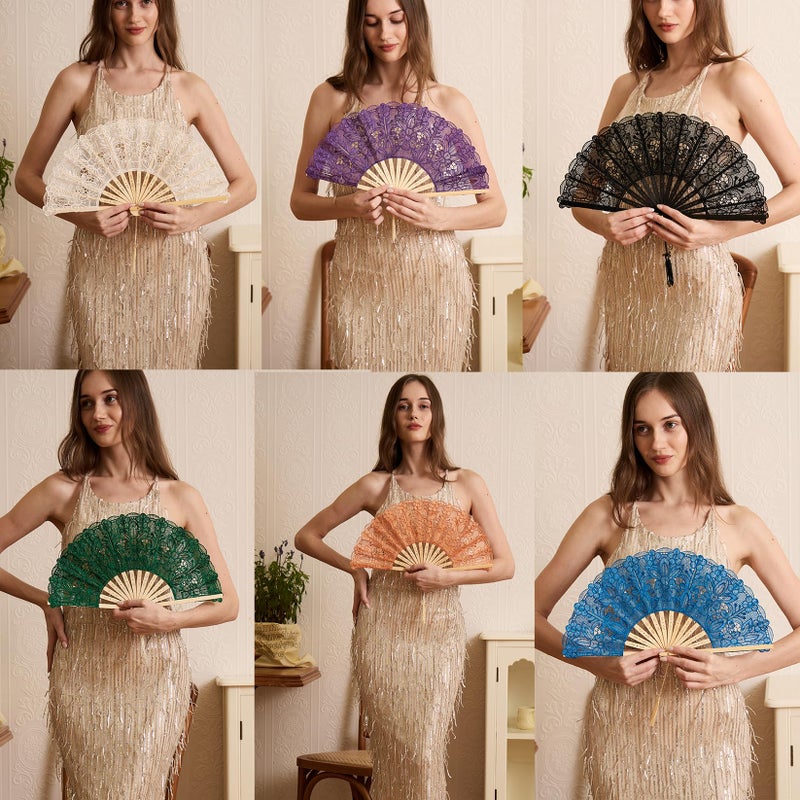 Happy Feather Lace Fan with Folding Handheld, Embroidered Flowers Pattern Hand Fans for Wedding Bridal Tea Dancing Party -Beige - Image 5