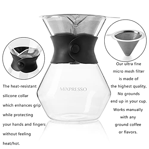 Mixpresso Pour Over Coffee Maker Set Glass Carafe Borosilicate White Protective Silicone Sleeve, Pour Over Coffee Dripper Brewer With Double-layer Stainless Steel Filter 13.5 Oz - Image 2