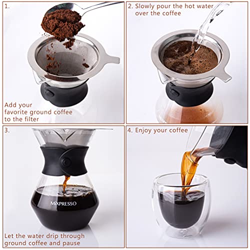 Mixpresso Pour Over Coffee Maker Set Glass Carafe Borosilicate White Protective Silicone Sleeve, Pour Over Coffee Dripper Brewer With Double-layer Stainless Steel Filter 13.5 Oz - Image 3