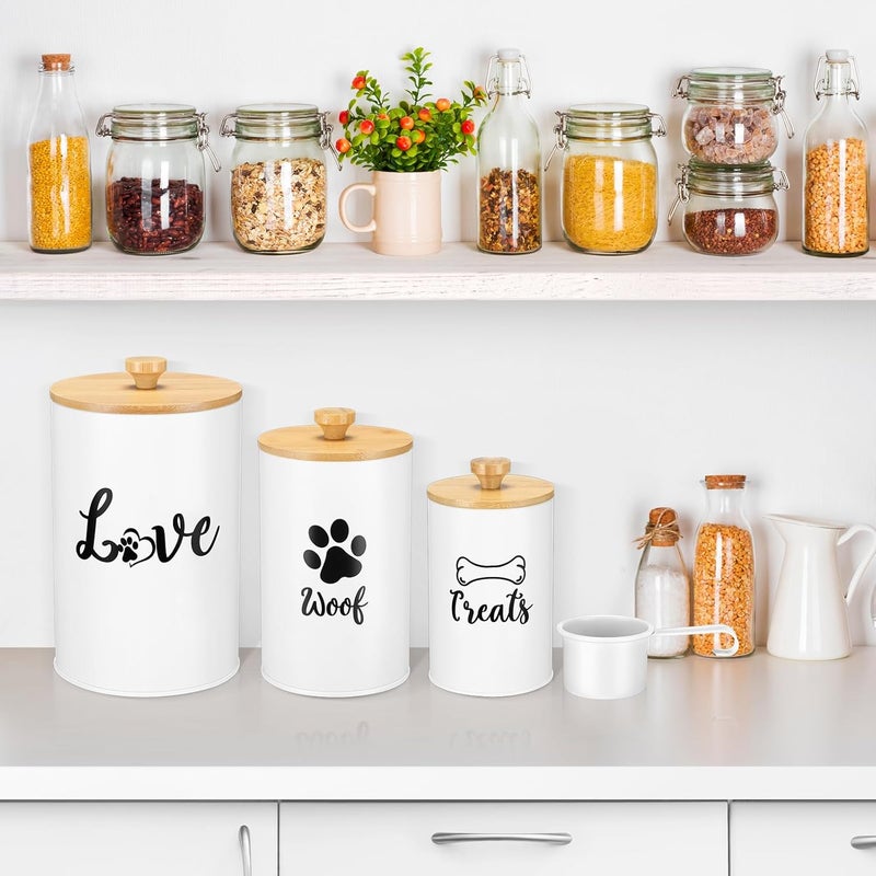Tioncy Dog Treat Container Set of 3 with Bamboo Lids and Spoon Airtight Metal Dog Treat Jars with DIY Labels Pen Large Pet Cookie Snack Food Storage Container for Kitchen Counter(White) - Image 5