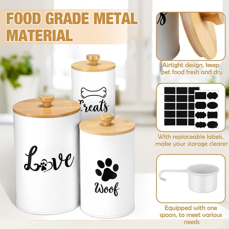 Tioncy Dog Treat Container Set of 3 with Bamboo Lids and Spoon Airtight Metal Dog Treat Jars with DIY Labels Pen Large Pet Cookie Snack Food Storage Container for Kitchen Counter(White) - Image 3