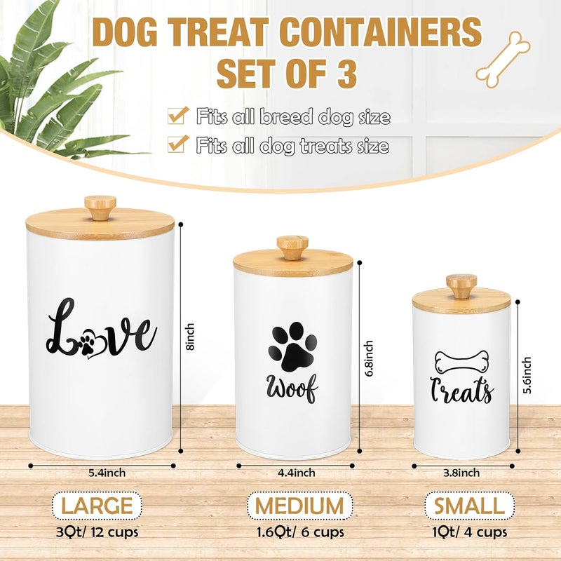 Tioncy Dog Treat Container Set of 3 with Bamboo Lids and Spoon Airtight Metal Dog Treat Jars with DIY Labels Pen Large Pet Cookie Snack Food Storage Container for Kitchen Counter(White) - Image 2
