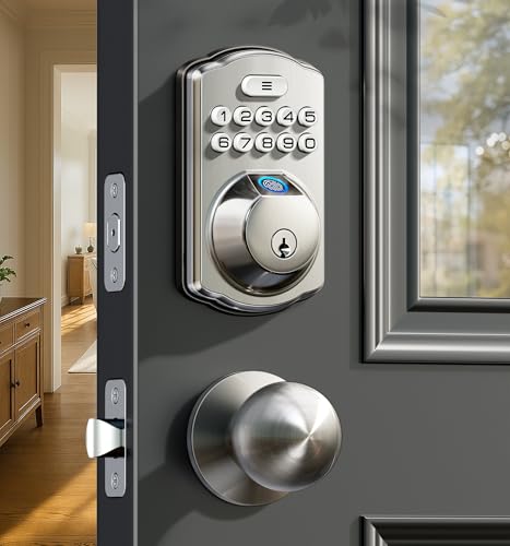 Veise Fingerprint Door Lock with 2 Knobs - Keyless Entry Door Lock with Handle, Electronic Keypad Deadbolt, Smart Front Handle Set, Auto-Locking, Waterproof, Easy Installation, Satin Nickel - Image 1