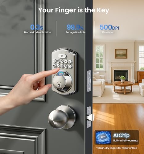 Veise Fingerprint Door Lock with 2 Knobs - Keyless Entry Door Lock with Handle, Electronic Keypad Deadbolt, Smart Front Handle Set, Auto-Locking, Waterproof, Easy Installation, Satin Nickel - Image 2