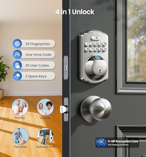 Veise Fingerprint Door Lock with 2 Knobs - Keyless Entry Door Lock with Handle, Electronic Keypad Deadbolt, Smart Front Handle Set, Auto-Locking, Waterproof, Easy Installation, Satin Nickel - Image 3