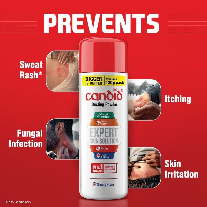 Candid Dusting Powder | Expert Skin Solution |Doctor's Prescribed No.1 Brand | Prevents Sweat Rash, Itching, Fungal Infection & Skin Irritation | Anti-fungal Powder | Clotrimazole | 120g | Pack of 3 - Image 3