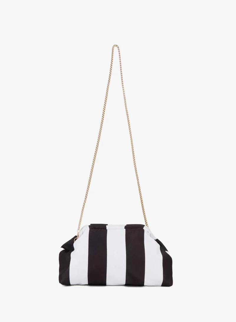 Women's Nehir Black-White Striped Lined Buckle Closure Removable Chain Strap Hand, Arm and Shoulder Bag.